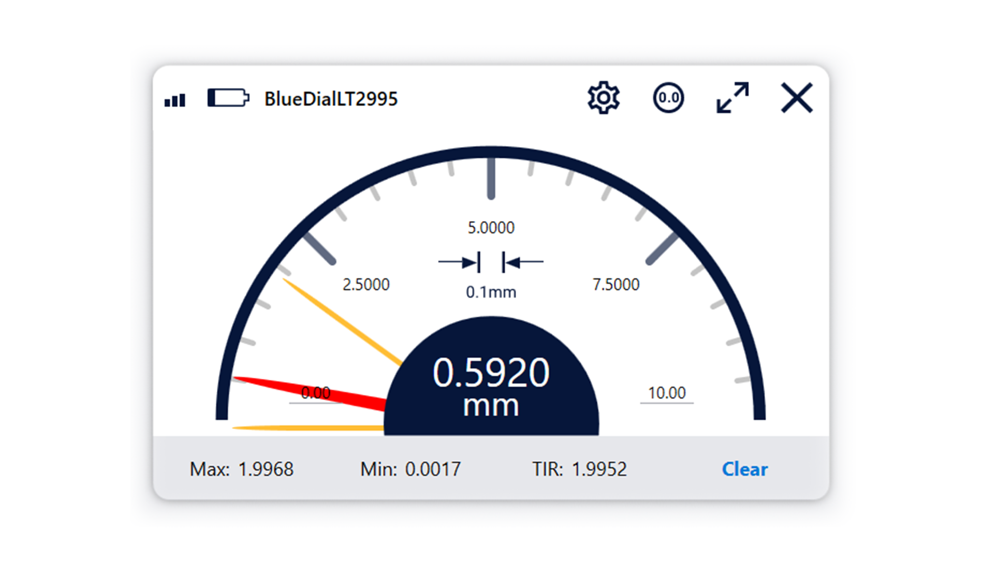 BlueDialLT wireless dial indicator gauge showing 0.59mm measurement