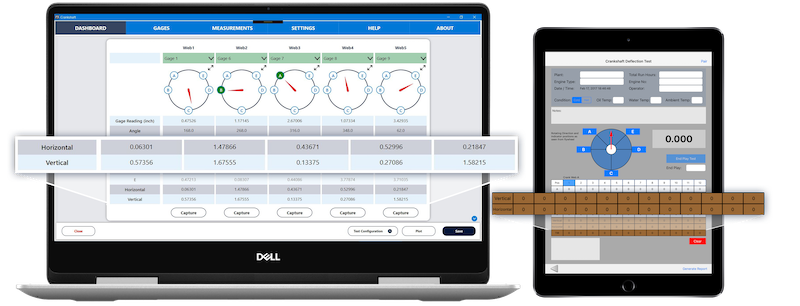 CrankSense software displaying automatic horizontal and vertical crankshaft deflection calculation on laptop and iPad