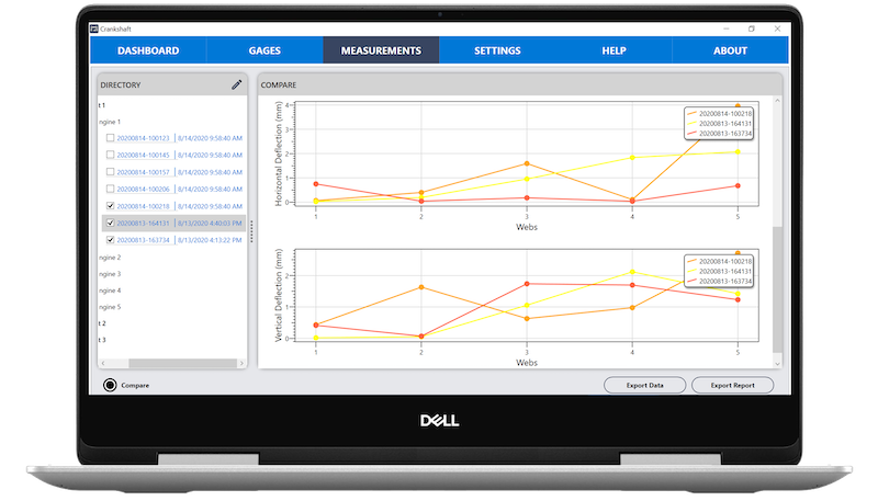 CrankSense software displaying crankshaft deflection test comparison charts across multiple engine webs