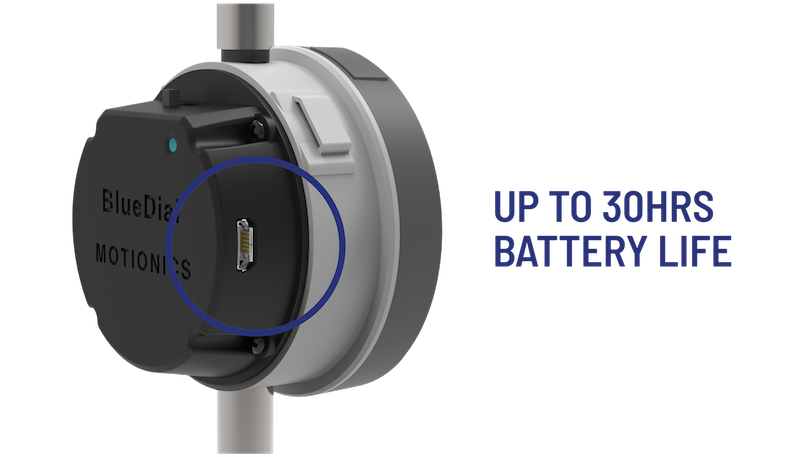 Rear view of CrankSense Bluetooth gauge highlighting USB charging port and 30-hour battery life feature
