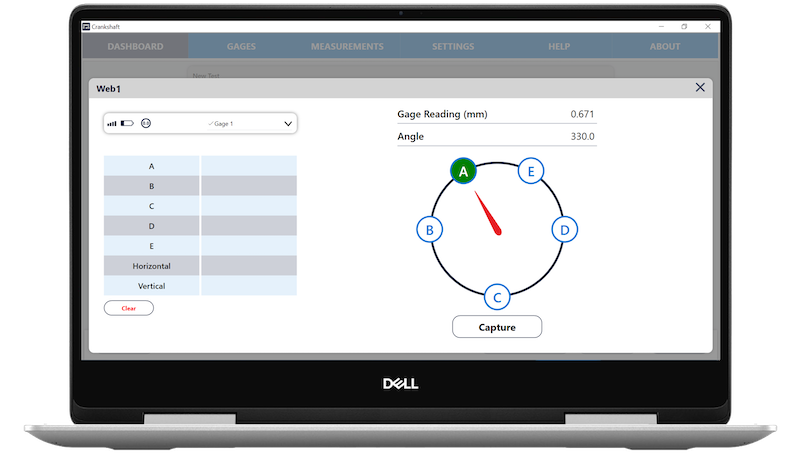 CrankSense software showing gauge reading and test point selection on a laptop screen