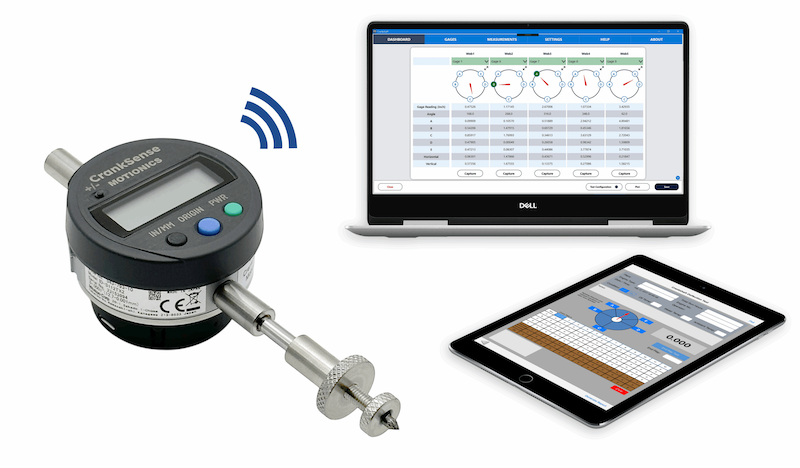 CrankSense Bluetooth crankshaft deflection gauge with Windows and iPad app interface