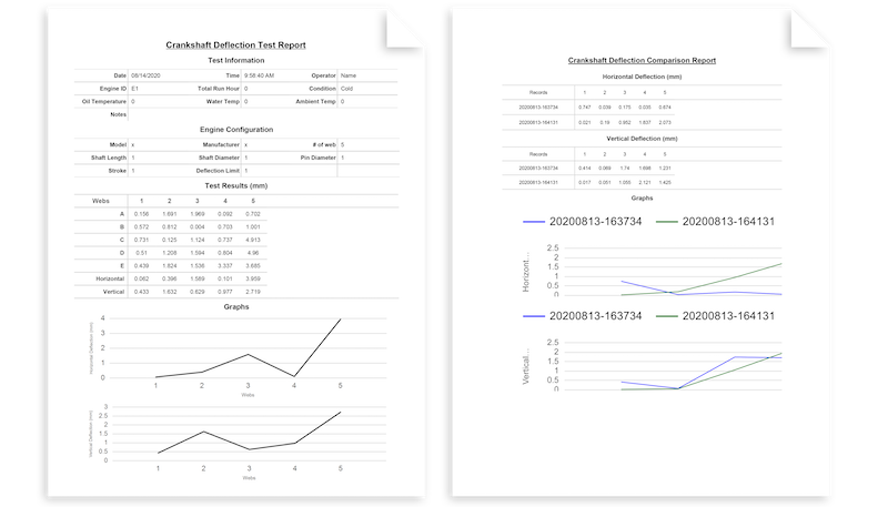 Sample deflection test report generated by CrankSense software showing measurement data and engine setup