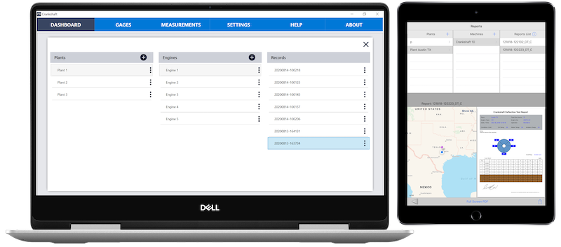 CrankSense iPad interface showing local record manager with saved engine deflection test data