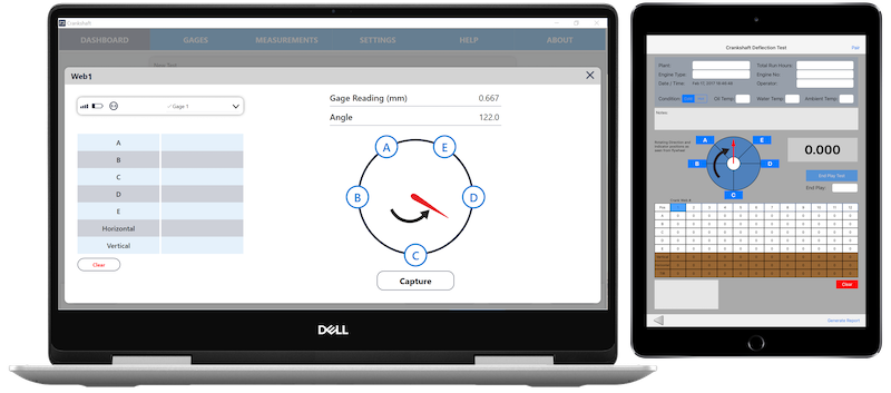 CrankSense software showing rotating angle indicator for crankshaft deflection test on laptop and iPad