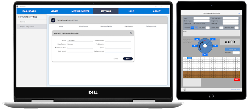 CrankSense interface showing saved engine configuration settings and parameters
