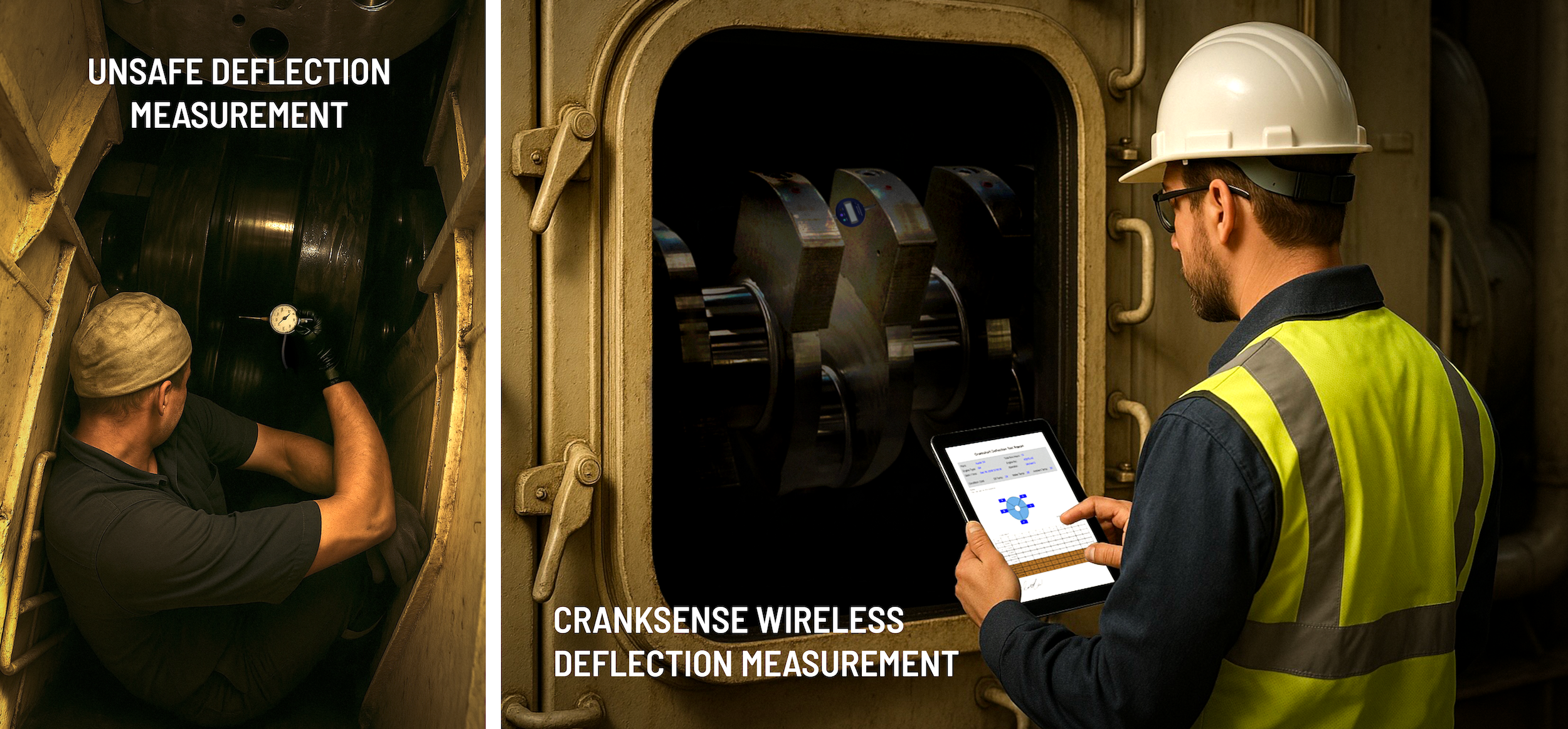 Side-by-side comparison of unsafe manual crankshaft deflection measurement and CrankSense wireless gauge with iPad for safer, remote data capture