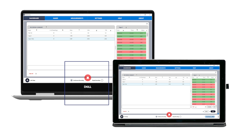 Continuous recording mode on MultiGage software for live data logging