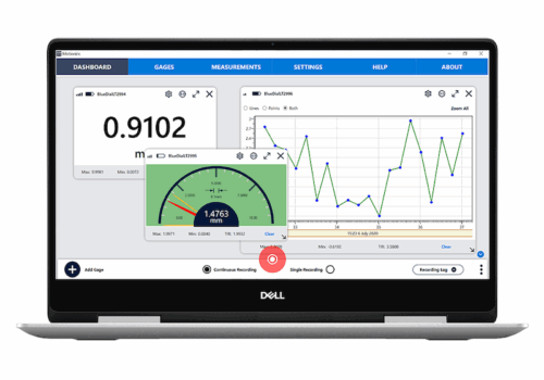 MultiGage software with Bluetooth digital indicator readings, graph plot, and analog gauge display