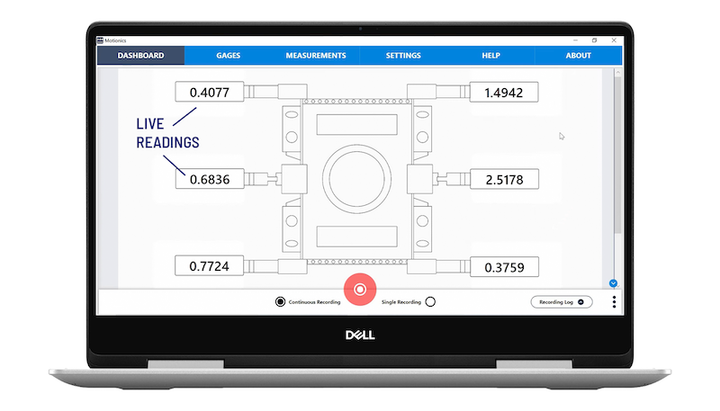 MultiGage software showing live sensor readings from digital gauges on a measurement fixture