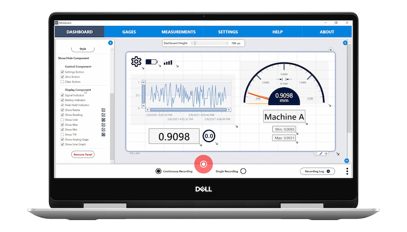 MultiGage+ software with customized measurement panel showing live waveform, digital reading, and dial indicator