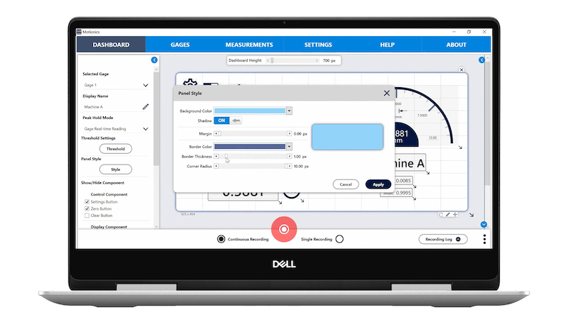 MultiGage+ dashboard with open panel style editor for customizing background color, borders, and shadow