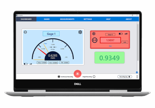 MultiGage software showing analog, numeric, and color-coded digital gauge readings on laptop