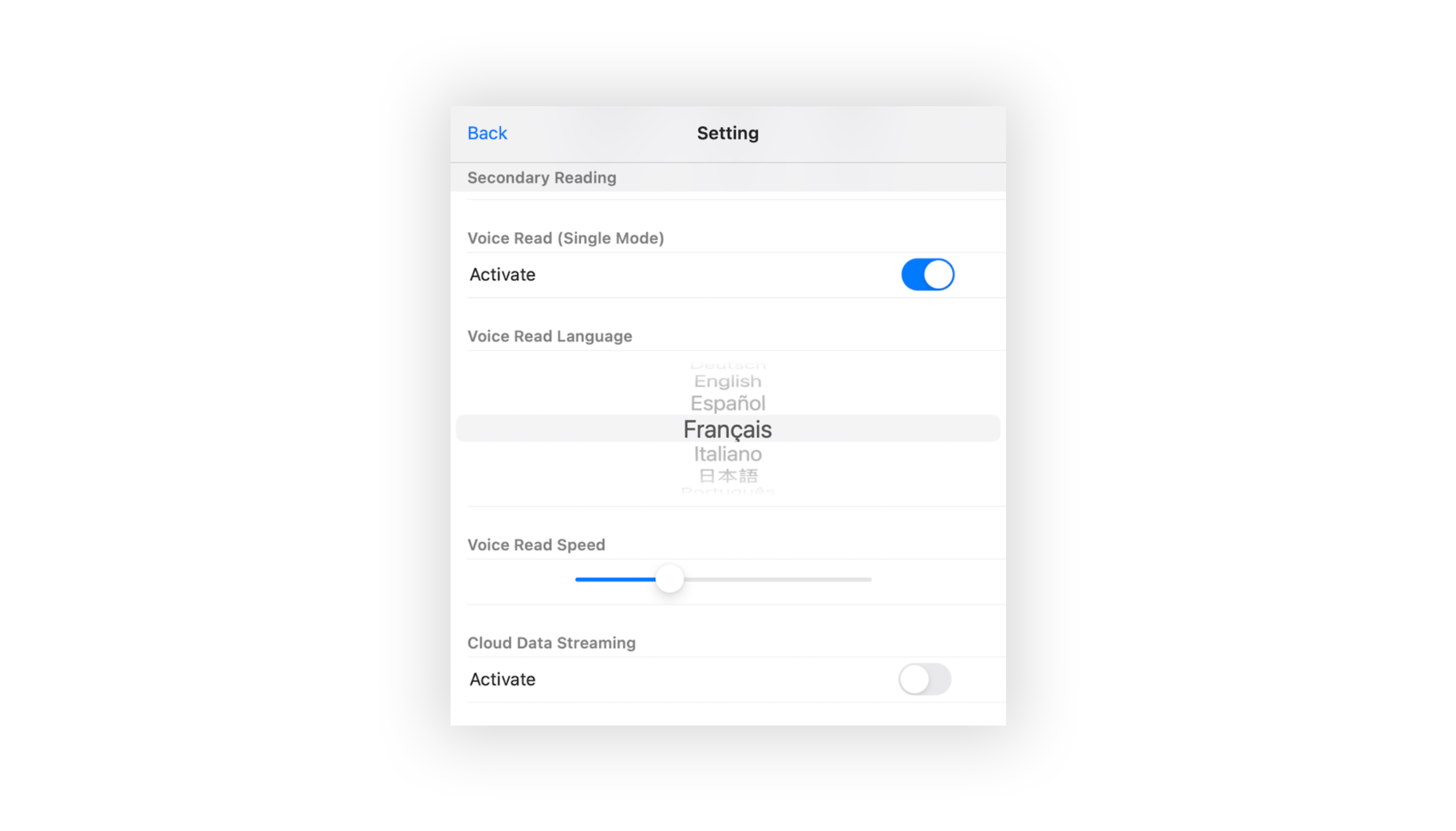 MultiGage iOS app settings screen showing voice read and cloud streaming options