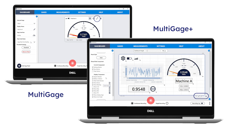 Comparison of MultiGage and MultiGage+ software interfaces on two Windows laptops