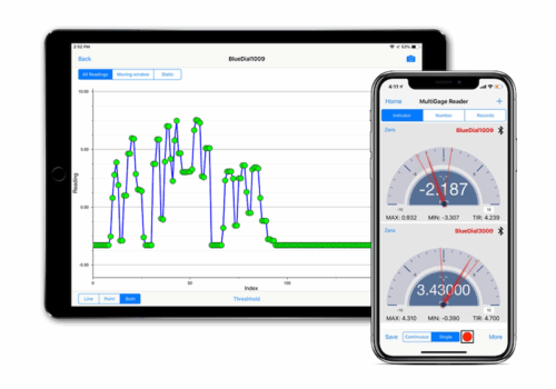 MultiGage Reader app displaying wireless measurement graph and digital gauges on tablet and smartphone