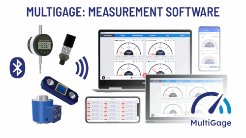 MultiGage wireless measurement software displaying real-time data from Bluetooth dial indicators and sensors on multiple devices including laptop, tablet, and smartphone