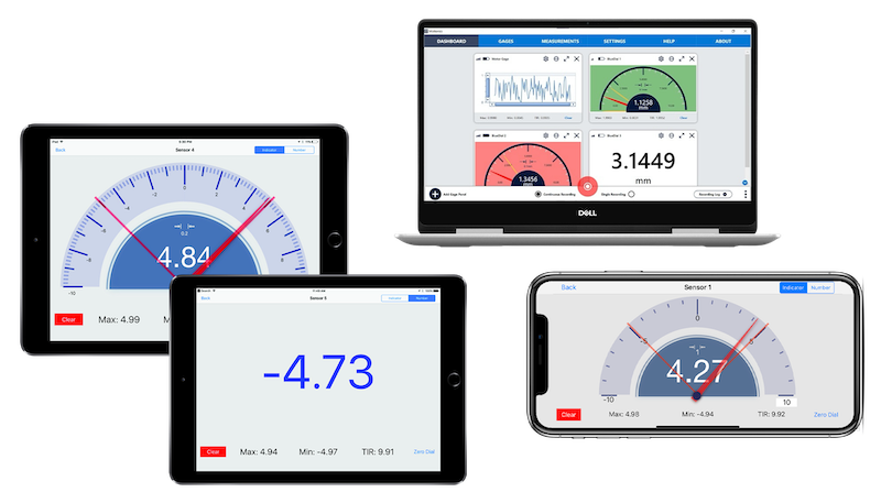 MultiGage and PileSense wireless software shown on tablet, phone, and laptop with live measurement dashboards