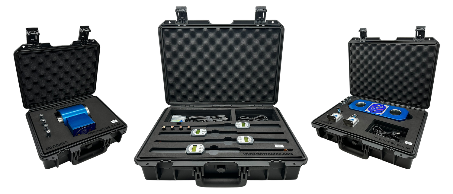 PileSense wireless static pile load test kit showing sensors, dials, and load cells