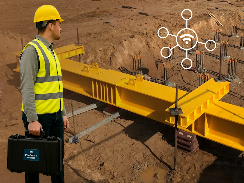 Engineer carrying PileSense wireless pile load test kit at a construction site with load beam and wireless connectivity icon