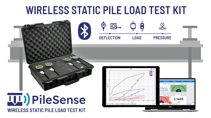 PileSense wireless static pile load test kit with Bluetooth digital gauges, rugged carrying case, and live data plotting software for deflection, load, and pressure monitoring