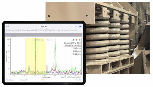 ShakerWatch performing bump test on a shale shaker with vibration spectrum and frequency data on iPad