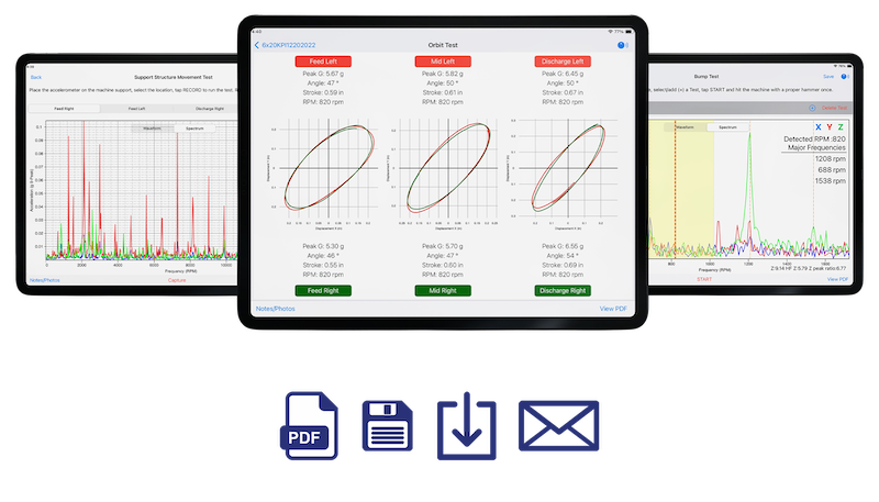 ShakerWatch iPad app showing orbit test, bump test, support vibration data with export options