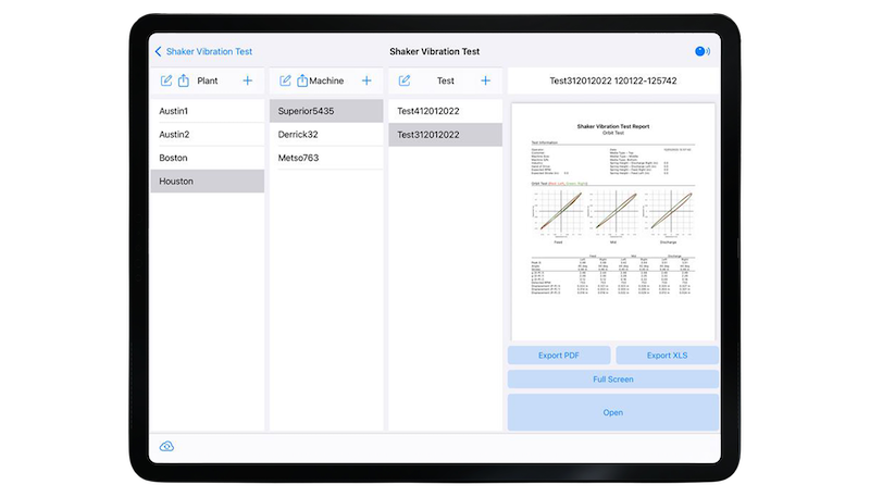 ShakerWatch iPad interface showing vibration test report organization and export options
