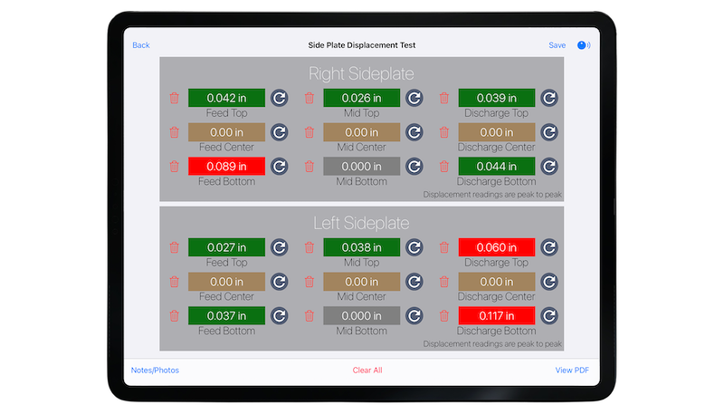 Side Plate Displacement Test results displayed in ShakerWatch app showing vibration data for right and left sideplates
