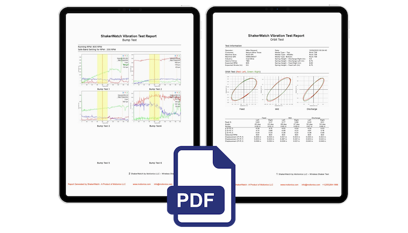 PDF reports generated by ShakerWatch for shaker vibration and orbit test analysis