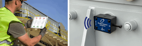 Technician using ShakerWatch app on iPad while wireless sensor measures shaker vibration in the field