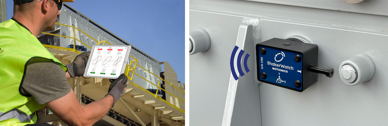 Technician using ShakerWatch app on iPad while wireless sensor measures shaker vibration in the field