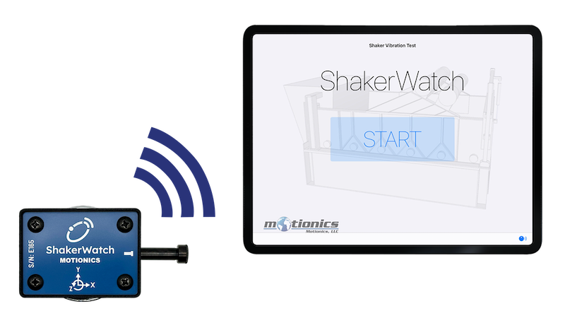 ShakerWatch wireless vibration sensor connected to iPad with start screen interface