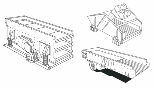 Line drawings of vibratory screens and shale shakers commonly used in industrial and oilfield applications