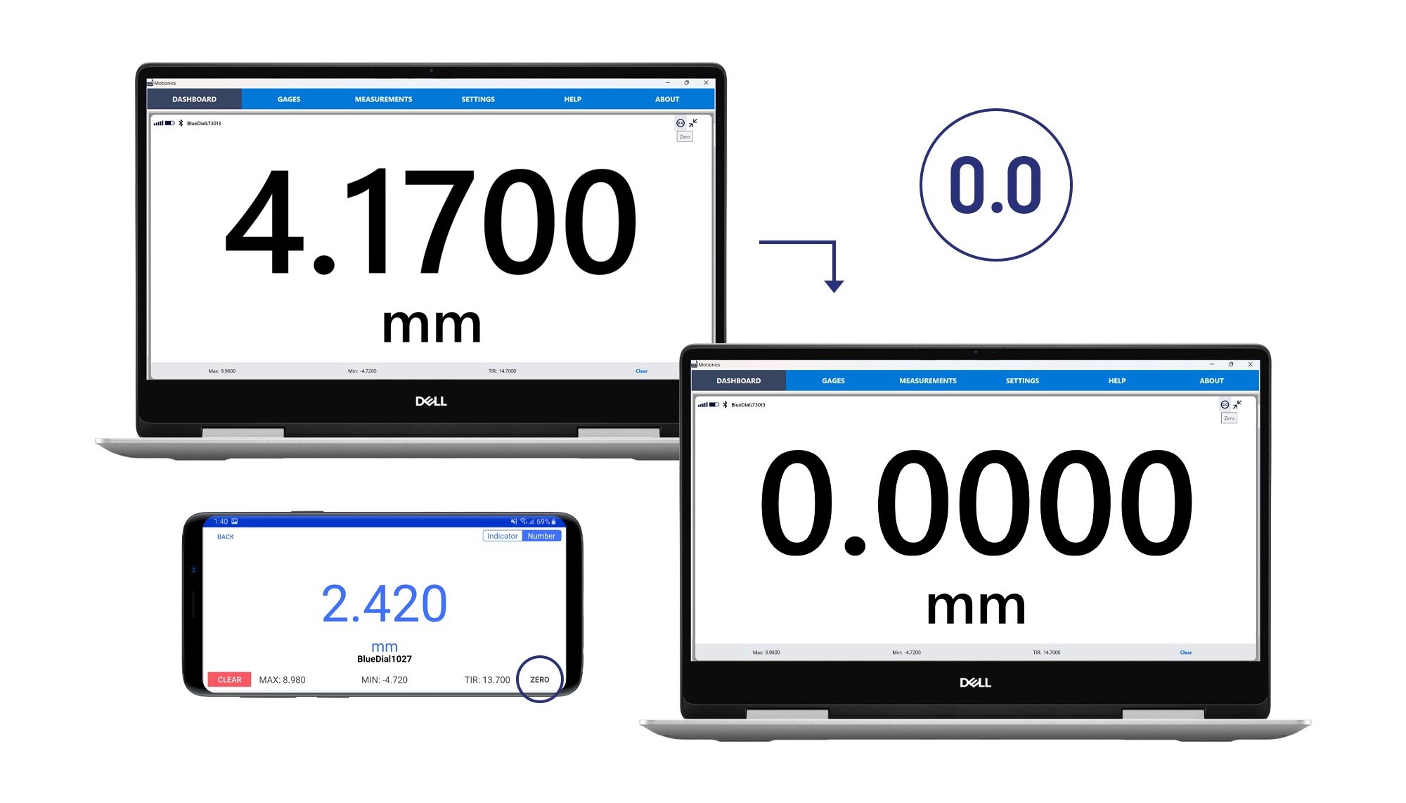 Zeroing dial indicator measurements using MultiGage software on laptop and smartphone
