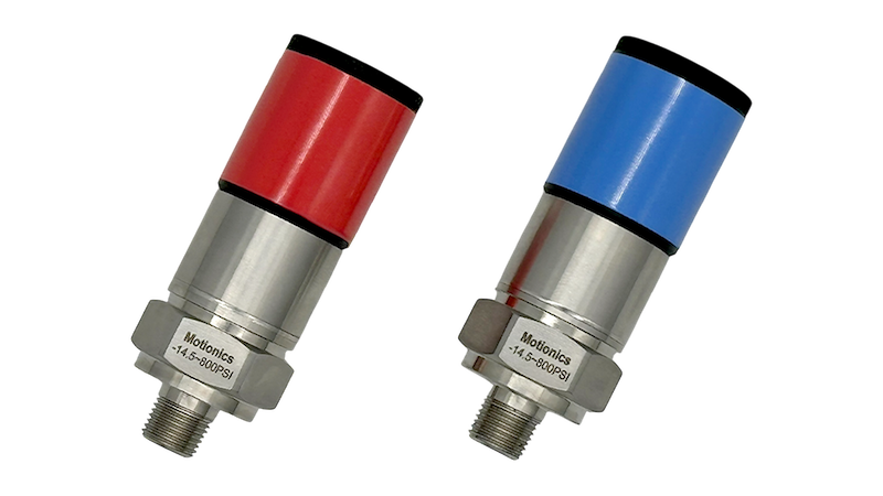 BluePSI wireless pressure sensors with red and blue caps for HVAC system pressure monitoring by Motionics
