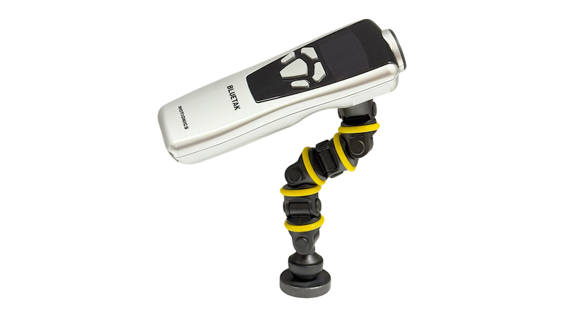 BlueTak wireless tachometer by Motionics with flexible tripod mount for hands-free RPM measurement