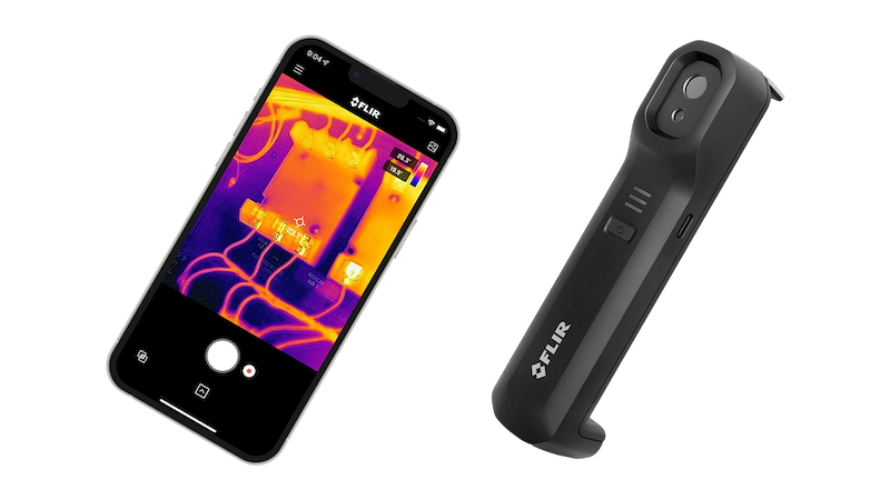FLIR wireless thermal camera with mobile app displaying infrared inspection view for industrial diagnostics
