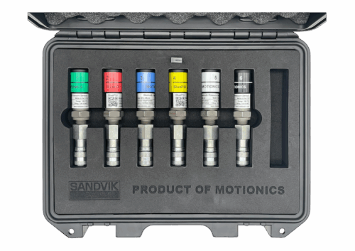 Interior view of Sandvik SHOT 6BP Kit by Motionics showing six color-coded wireless pressure sensors in protective foam case