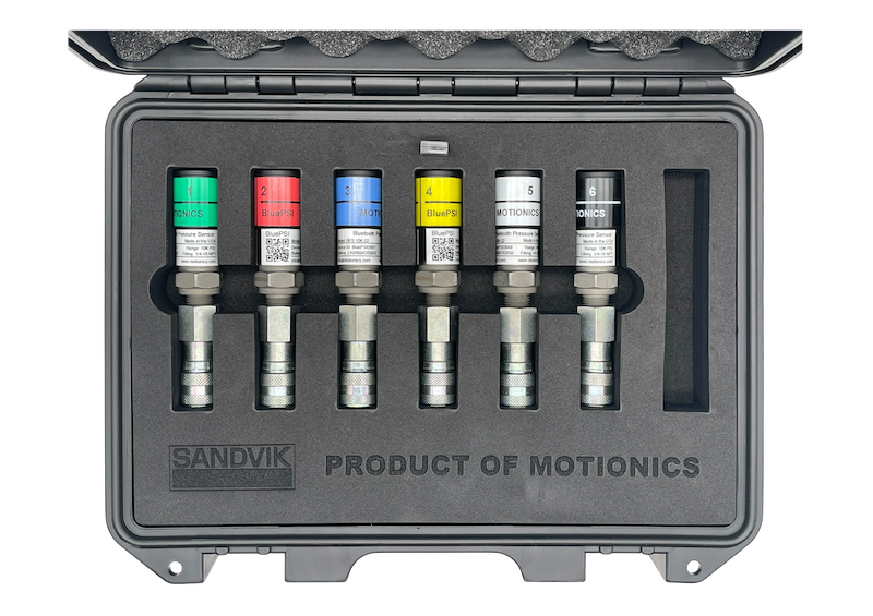 Interior view of Sandvik SHOT 6BP Kit by Motionics showing six color-coded wireless pressure sensors in protective foam case