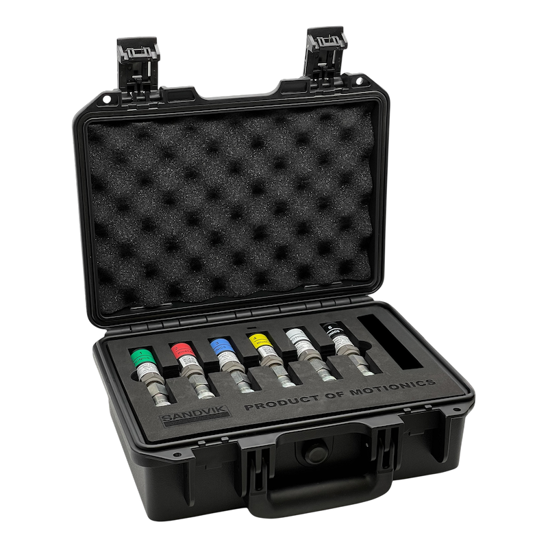 Sandvik SHOT 6BP wireless pressure sensor kit by Motionics with six color-coded pressure sensors in protective case