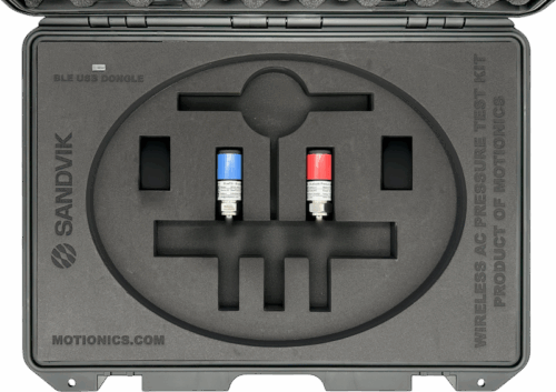 Inside view of Sandvik SHOT AC Retrofit Kit by Motionics with wireless pressure sensors and foam case layout