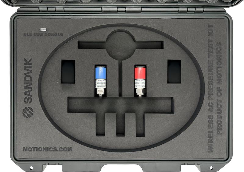 Inside view of Sandvik SHOT AC Retrofit Kit by Motionics with wireless pressure sensors and foam case layout