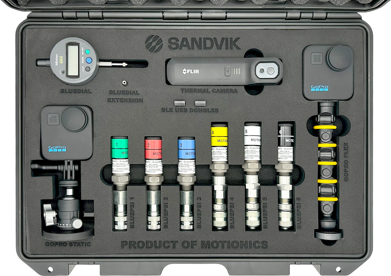 Interior view of Sandvik SHOT Core Kit by Motionics with wireless pressure sensors, cameras, and measurement tools