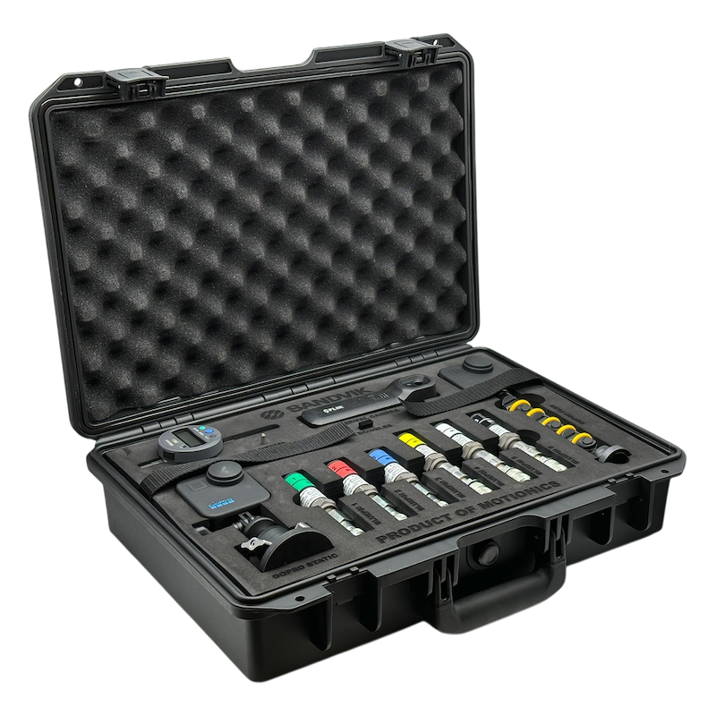 Sandvik SHOT Core Kit by Motionics featuring wireless measurement components including sensors, cameras, and accessories