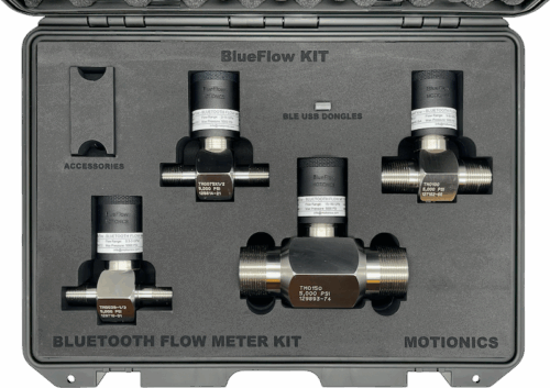 Interior view of Sandvik SHOT Flow Meter Kit by Motionics showing wireless Bluetooth flow sensors in protective foam case