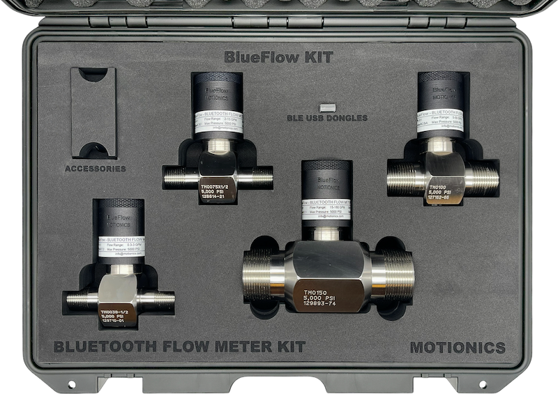 Interior view of Sandvik SHOT Flow Meter Kit by Motionics showing wireless Bluetooth flow sensors in protective foam case