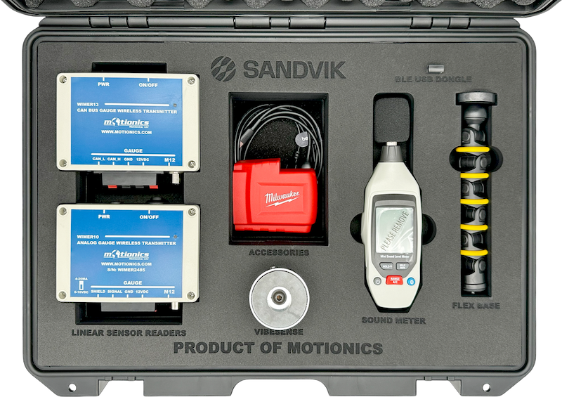 Interior view of Sandvik SHOT Inspection A-Kit by Motionics featuring wireless sensor readers, sound meter, and accessories