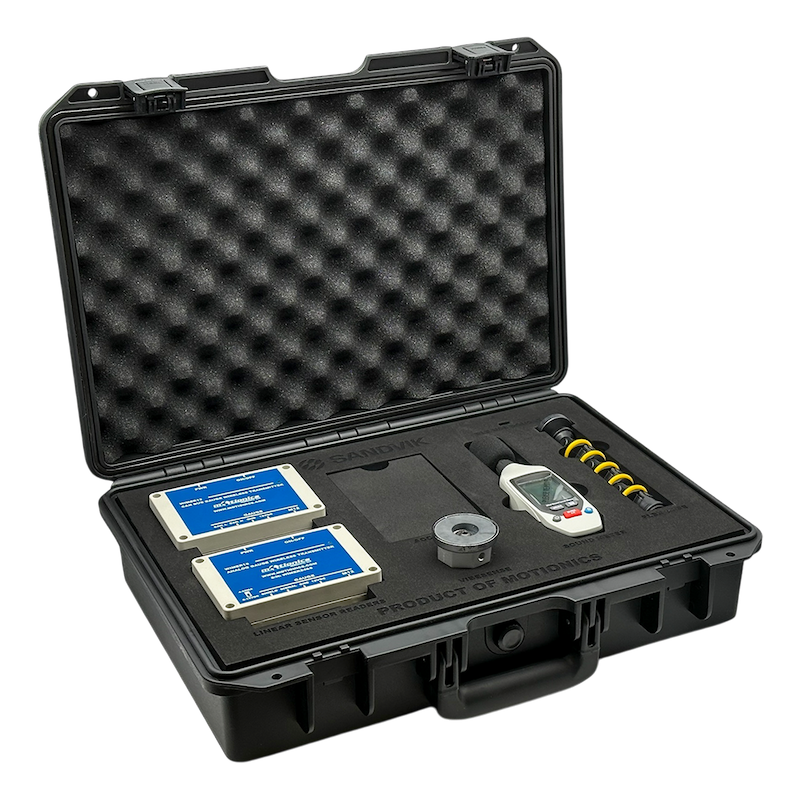 Sandvik SHOT Inspection A-Kit by Motionics with wireless sensor readers, sound meter, VibeSense adapter, and flexible base in a carrying case