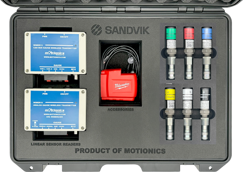 Interior view of Sandvik SHOT Inspection B-Kit by Motionics with wireless sensor readers and color-coded pressure sensors